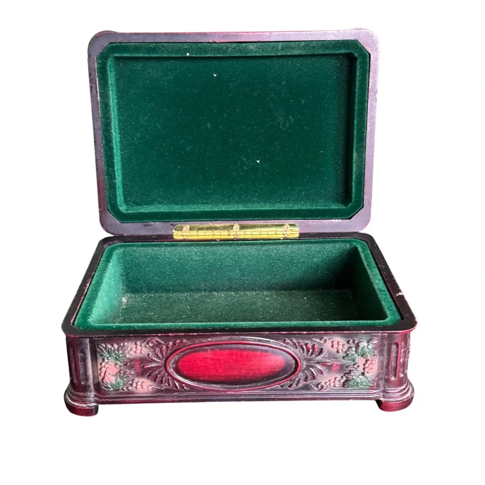 Vintage Style Burgundy Rose and Grapevine Relief Celluloid Jewelry Box